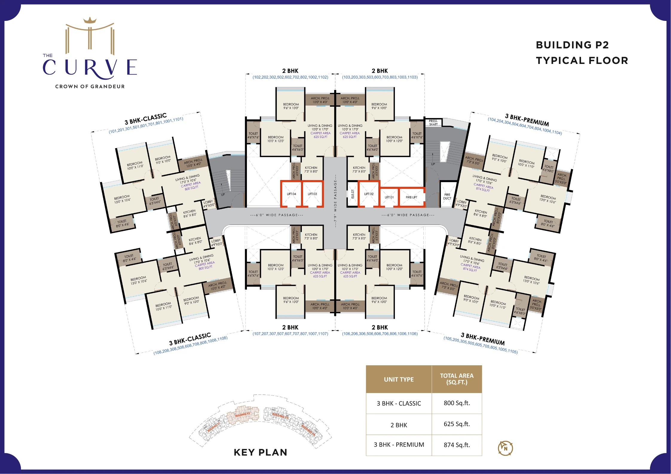 THE CURVE Typical Floor Plan - 2 and 3 BHK Layouts showing carpet areas of 625, 800 and 874 sq ft